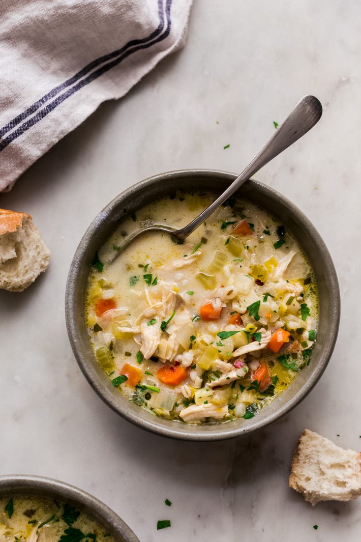 Winter Lemon Chicken Barley Soup - An irresistible creamy lemon chicken barley soup that has tons of veggies, tender barley and is hearty and comforting for chilly winter days! #chickenbarleysoup #chickensoup #soup #lemonsoup | Littlespicejar.com