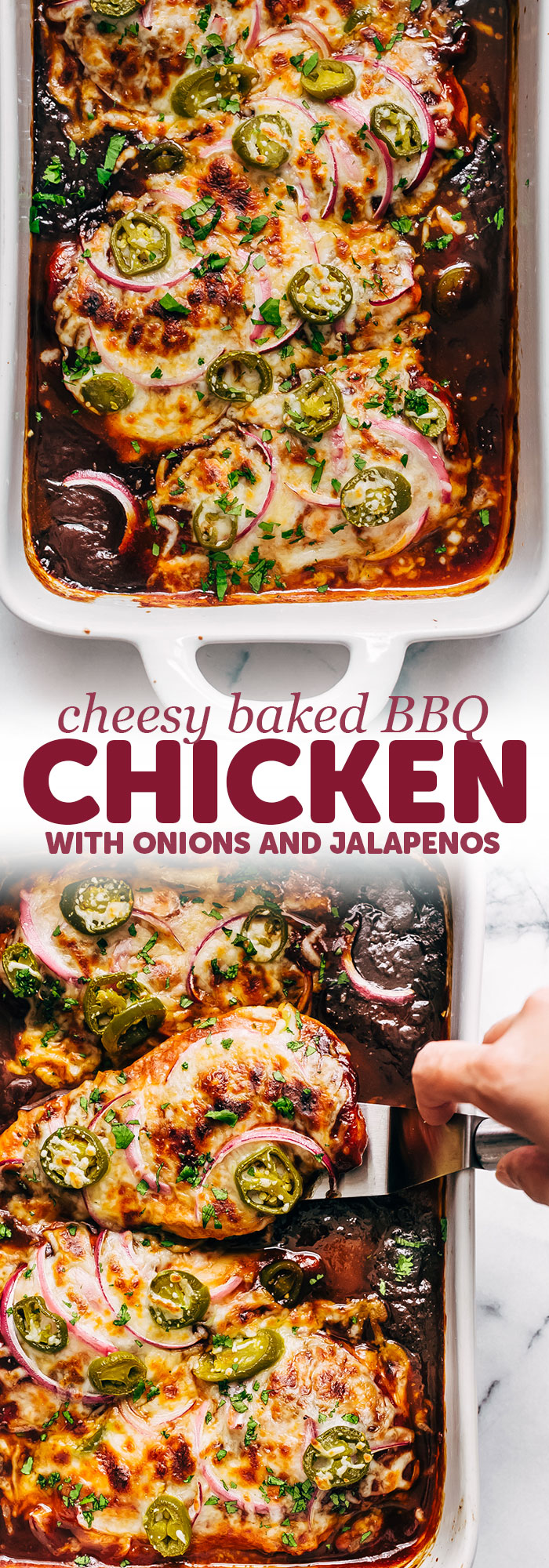 Easy Cheesy Baked BBQ Chicken - just 7 simple ingredients to my baked chicken. It's made inn pot dish and comes together in roughly 30 minutes! #bakedchicken #easychickendinner #chickendinners #chickenrecipes #bbqchicken #bakedbbqchicken | Littlespicejar.com