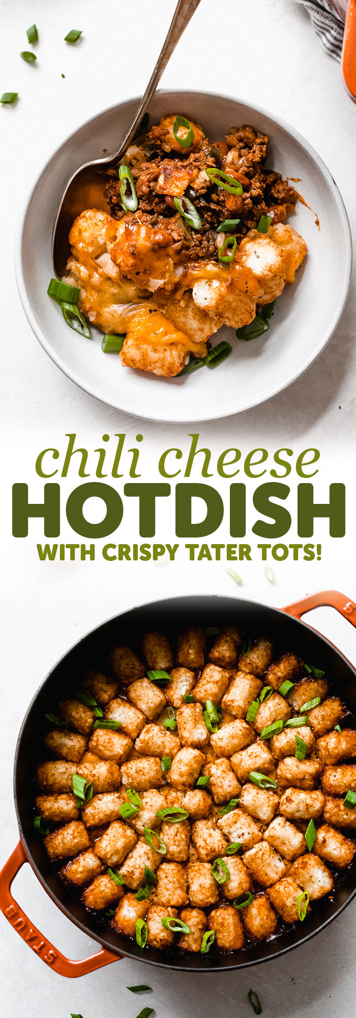 Tater Tot Chili Cheese Hotdish - A homemade chili with beans, topped with shredded cheese and tater tots and it all comes together in ONE pot! #chilicheesehotdish #hotdish #onepotmeals #recipes #dinnerrecipes #easyrecipes | Littlespicejar.com