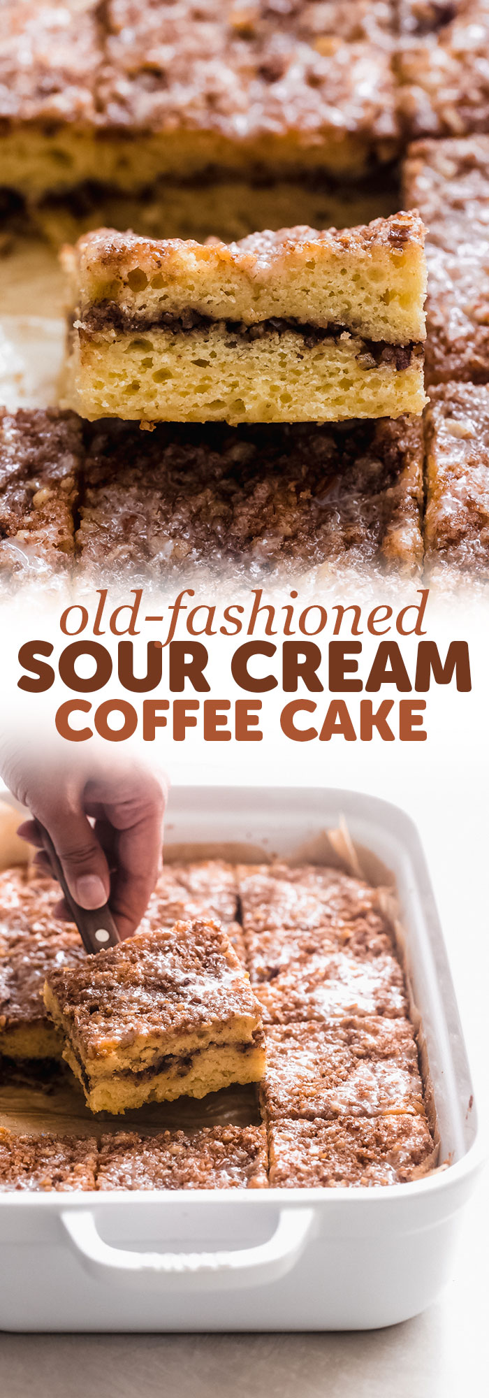 Old-Fashioned Sour Cream Coffee Cake - an easy coffee cake with a cinnamon pecan filling and topping! So good and so easy to make! #cinnamoncoffeecake #coffeecake #sourcreamcoffeecake #cake #dessertrecipes | Littlespicejar.com