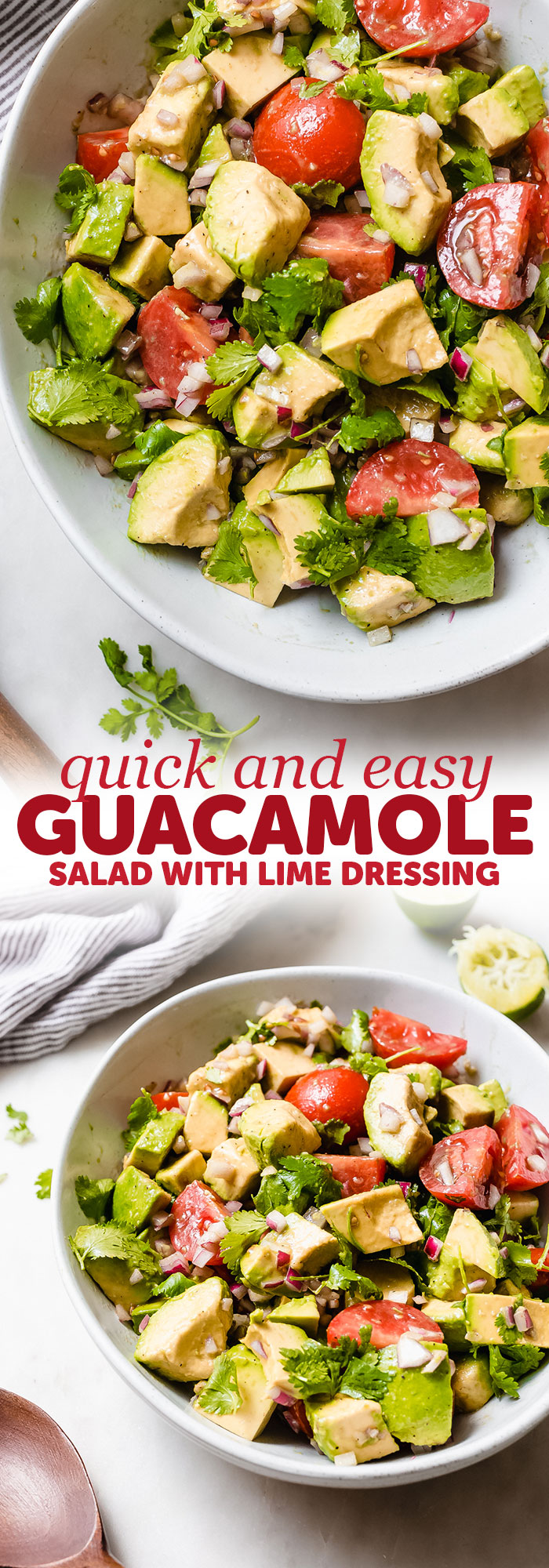 Easy Guacamole Salad - turn everyone's favorite dip into a salad! This avocado salad is sure to be a hit with everyone at potlucks, barbecues, or parties this summer! #summersalad #guacamole #guacamolesalad #deconstructedguacamolesalad #avocadosalad #tomatoavocadosalad | Littlespicejar.com