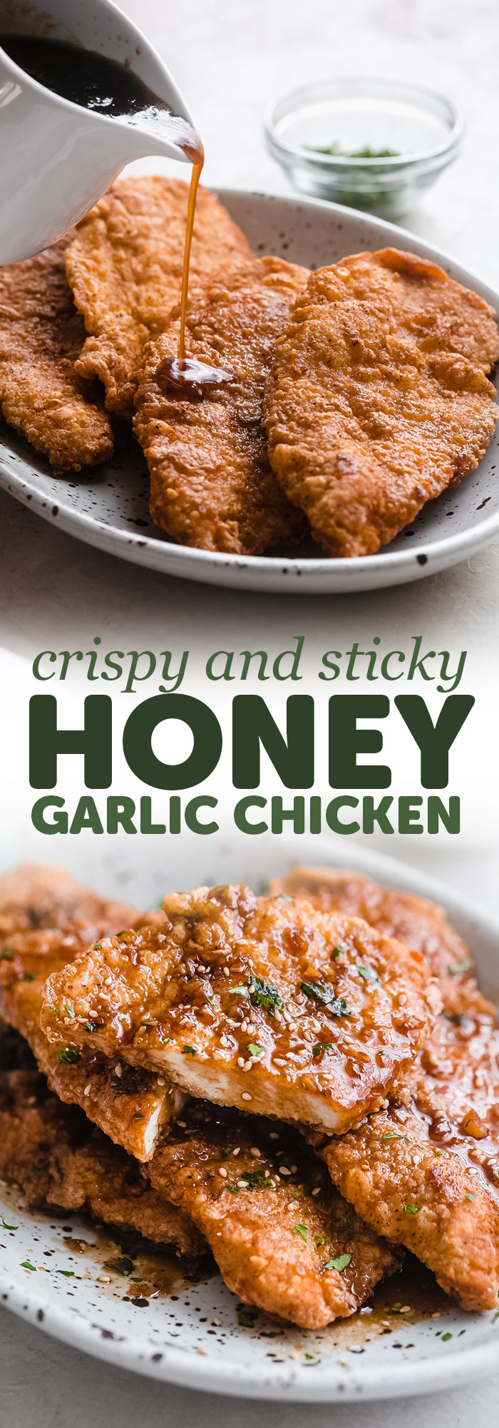 Crispy Sticky Honey Garlic Chicken - Learn how to make hot and crispy fried chicken with honey garlic sauce! Serve this with steamed veggies on the side to keep things light or with steamed rice or garlic bread! SO GOOD! #crispychicken #friedchicken #friedchickencutlets #honeygarlicchicken #crispyhoneygarlicchicken | Littlespicejar.com
