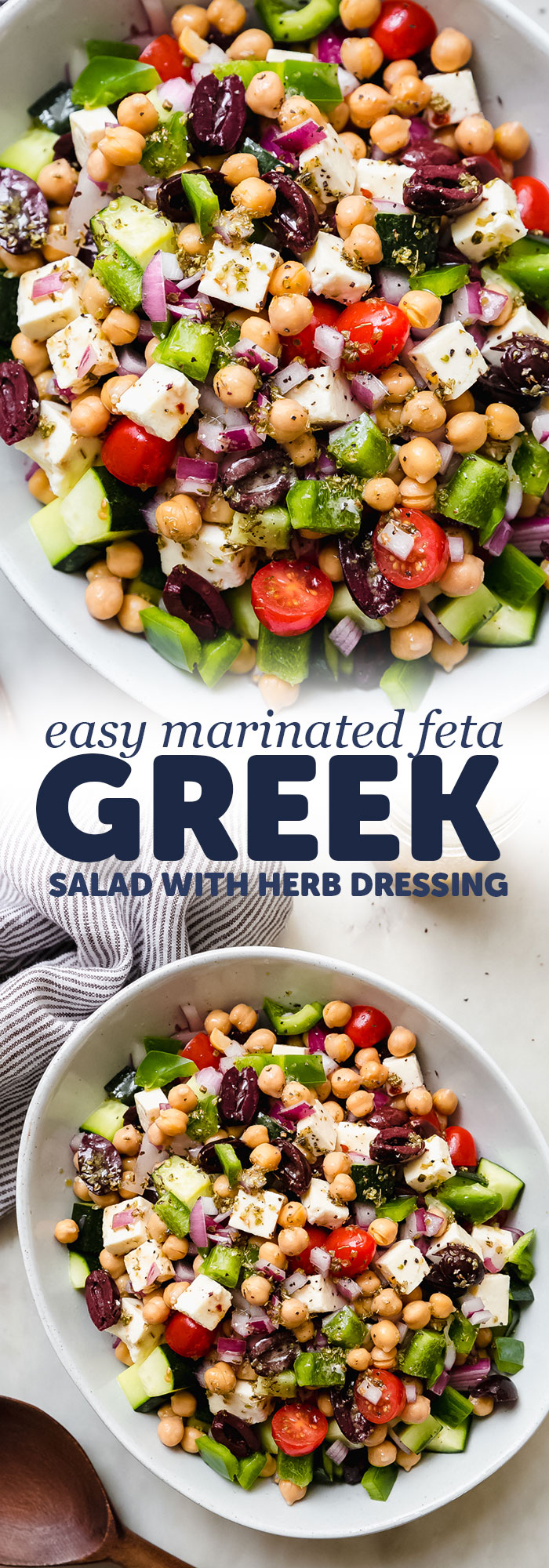 Marinated Feta Greek Salad - this is the best greek salad ever! It starts with feta that you marinated in olive oil with a few herbs and spices, then we'll toss it all together in a bowl with a homemade vinaigrette. Trust me, you'll never want a regular greeksalad again! #marinatedfeta #greeksalad #authenticgreeksalad #fetasalad #salad #saladrecipes | Littlespicejar.com