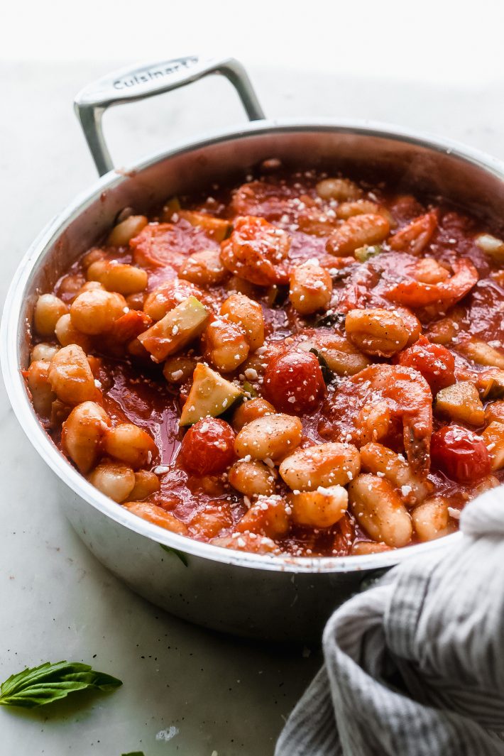 Shrimp Gnocchi in Pomodoro Sauce - an easy summer meal that has zucchini, Pomodoro sauce, gnocchi, cherry tomatoes, and shrimp! It's summer comfort food! #pomodorosauce #gnocchi #gnocchipomodoro #shrimpwithgnocchi #tomatosauce #onepotmeal | Littlespicejar.com
