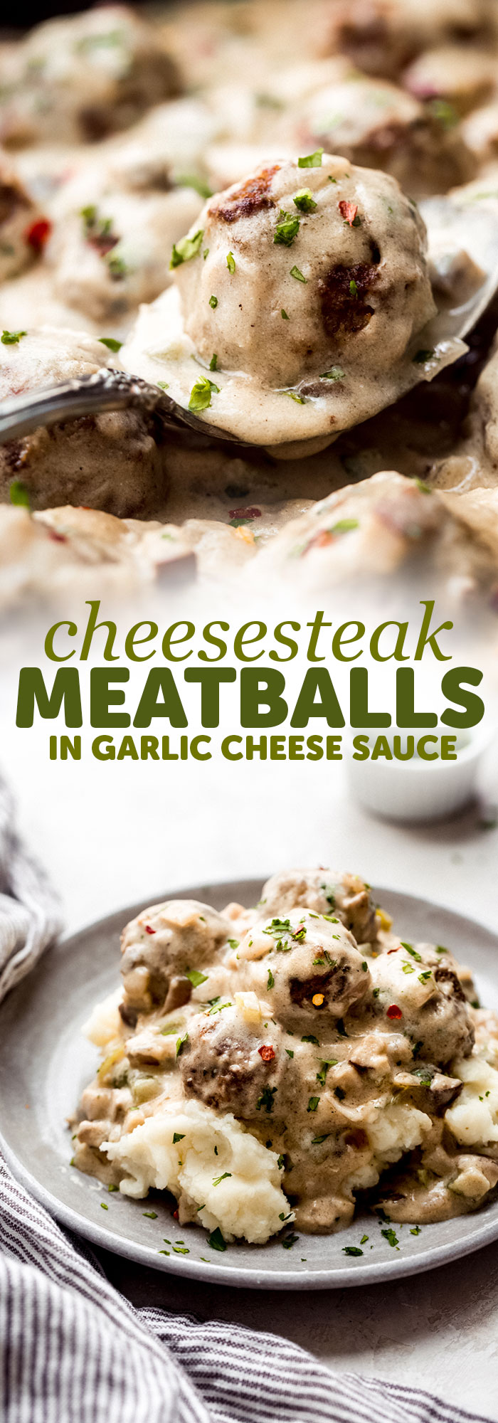 Cheesesteak Meatballs in Garlic Cheese Sauce - Learn how to make a delish twist on a classic! The sauce is so good you'll want to slurp it with a spoon! #meatballs #cheesesteak #cheesesteakmeatballs #phillycheesesteak #garliccreamsauce #comfortfood #dinnerrecipes | Littlespicejar.com