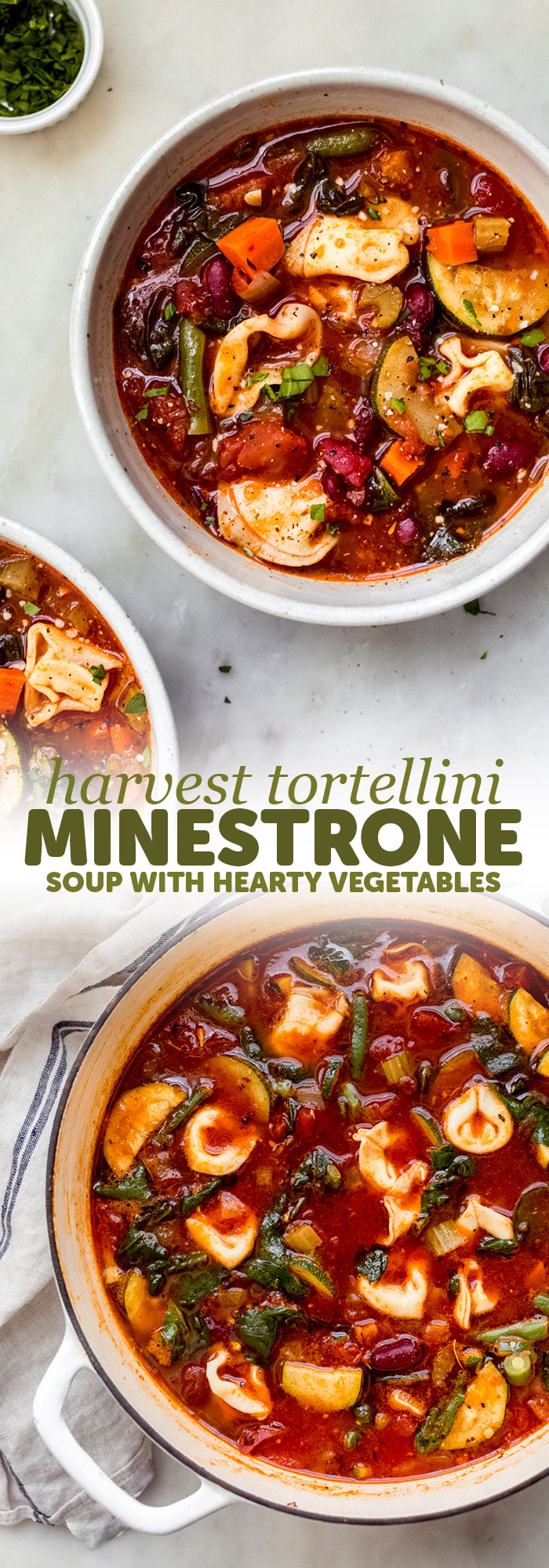 Fire-roasted Tortellini Minestrone Soup - a quick and hearty take on the traditional minestrone. Mine is a stove-top version that uses tortellini instead of pasta. Great for boxed lunches or as a starter to dinner guests! #minestronesoup #tortellini #tortelliniminestrone #minstrone #vegetablesoup | Littlespicejar.com