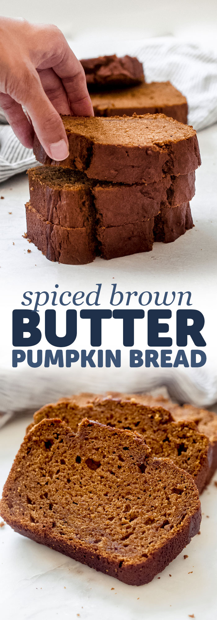 Spiced Brown Butter Pumpkin Bread - an easy recipe for pumpkin bread loaded with a toffee scent and all the fall spices! My recipe uses an entire can of pumpkin puree, leaving you with an uber tender loaf! #pumkinbread #brownbutter #pumpkinloaf #thanksgivingrecipes #pumpkinbreadrecipe | Littlespicejar.com