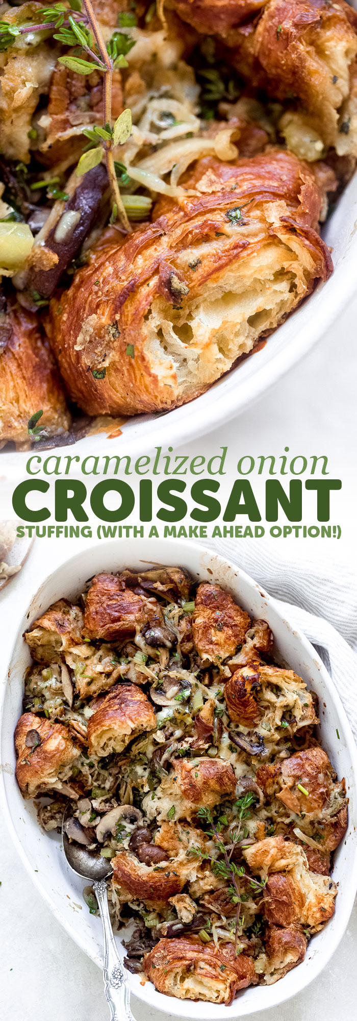 Savory Caramelized Onion Croissant Stuffing - made with buttery croissants, caramelized onions, and all the aromatics this croissant stuffing is sure to be a hit at the Thanksgiving or Christmas table! #croissantstuffing #homemadestuffing #thanksgivingrecipes #stuffingrecipe #beststuffingrecipe | Littlespicejar.com