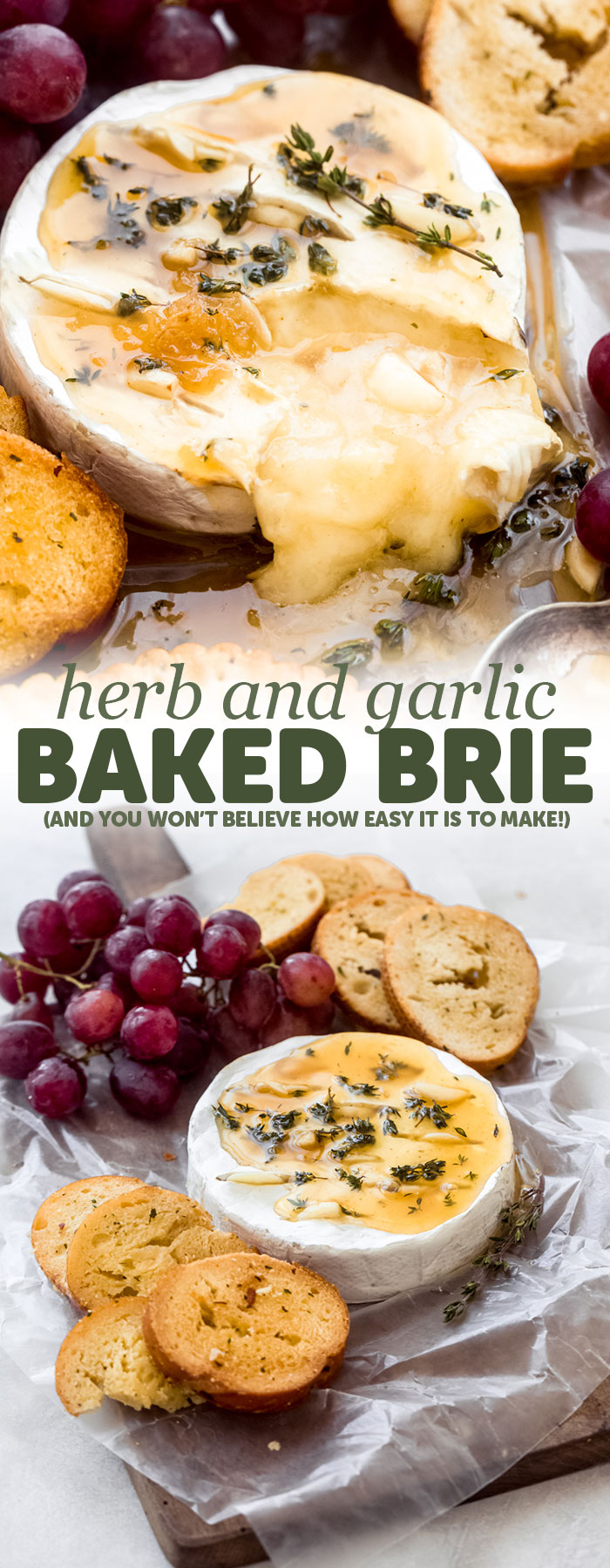Herb Garlic Baked Brie - A new twist on the classic Baked Brie! We bake the brie topped with a thyme honey butter and guaranteed, this will disappear in no time! #bakedbrie #appetizers #holidayappetizers #easyappetizers #honeybakedbrie #briecheese | Littlespicejar.com