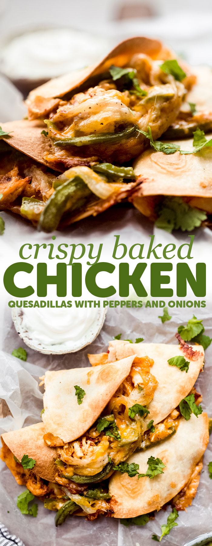 Crispy Baked Chicken Quesadillas - loaded with peppers, onions, creamy chicken and baked until they're crispy and melty! #bakedquesadillas #chickenquesadillas #quesadillas #bakedchickenquesadillas #cincodemayorecipes #superbowlrecipes | Littlespicejar.com