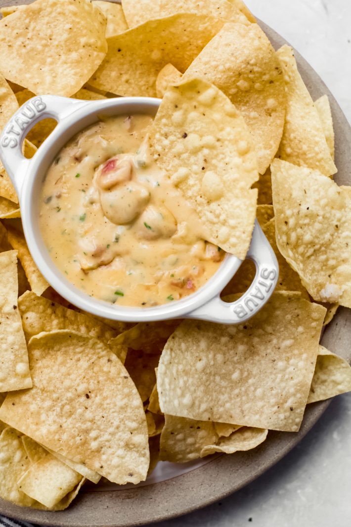bowl with queso and chips