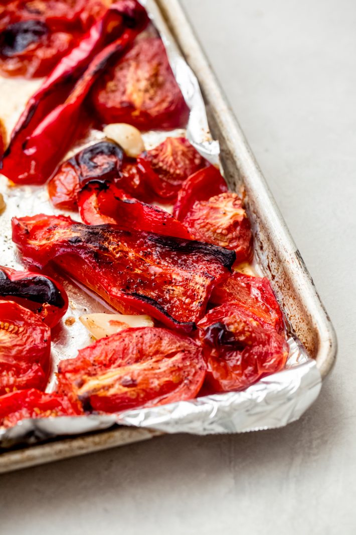 roasted red peppers on a tray