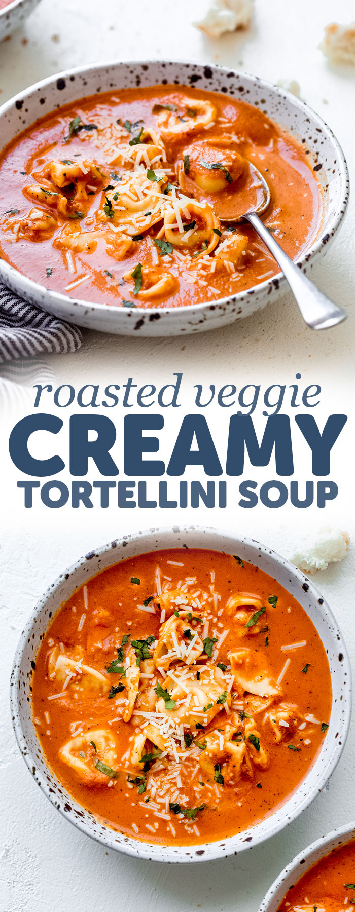 Roasted Veggie Creamy Tortellini Soup - Learn how to make the most veggie-packed creamy tortellini soup. Customize it by using veggie, cheese, or meat stuffed tortellini! #tortellinisoup #soup #roastedvegetablesoup #tortellinisoup | Littlespicejar.com