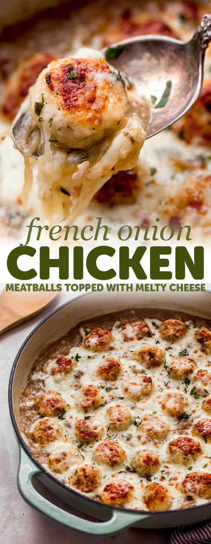 Comforting French Onion Chicken Meatballs - these meatballs are tender, nestled in a french onion gravy and topped with melty cheese! Sure to be a hit with the whole family! #chickenrecipes #chickendinner #chickenmeatballs #frenchonionmeatballs #chickeningravy #comfortfood | Littlespicejar.com