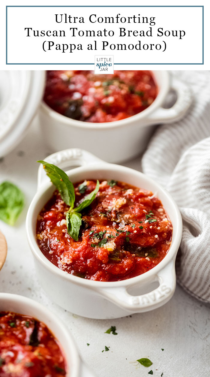 Tuscan Tomato Bread Soup (Pappa al Pomodoro) - A simple starter soup that's completely vegetarian and loaded with tons of delicious flavor! #tomatosoup #tomatobreadsoup #pappaalpomodoro #vegetarian #souprecipes | Littlespicejar.com