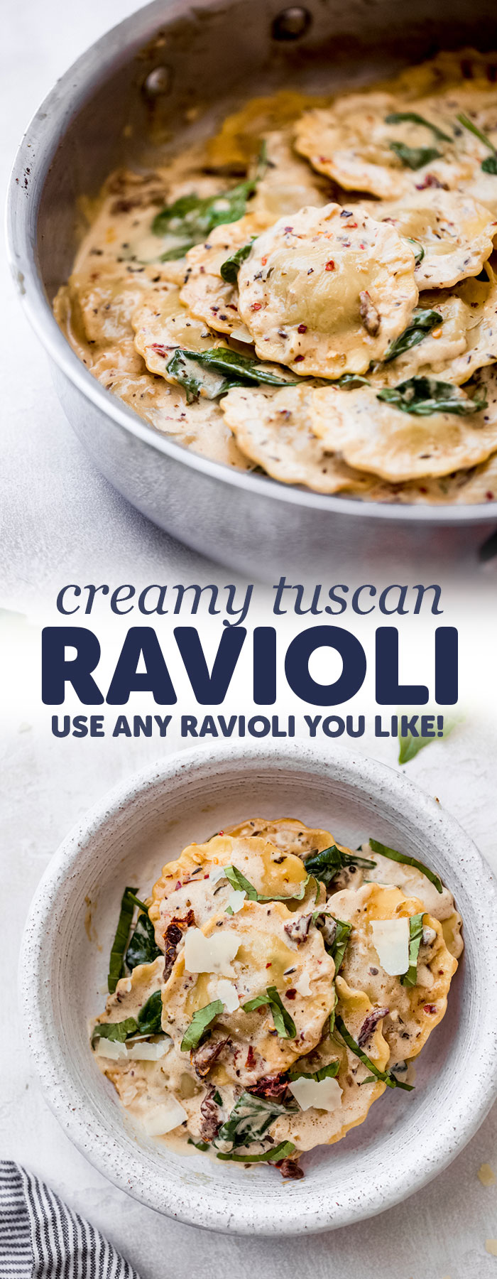 Date Night Creamy Tuscan Ravioli - Your favorite Ravioli pasta tossed in a creamy sun-dried tomato and basil sauce speckled with fresh baby spinach. Great to make on weeknights and ready in less than 30 minutes! #tuscanravioli #tuscancreamsauce #ravioli #pastadinner #easydinnerecipes | Littlespicejar.com