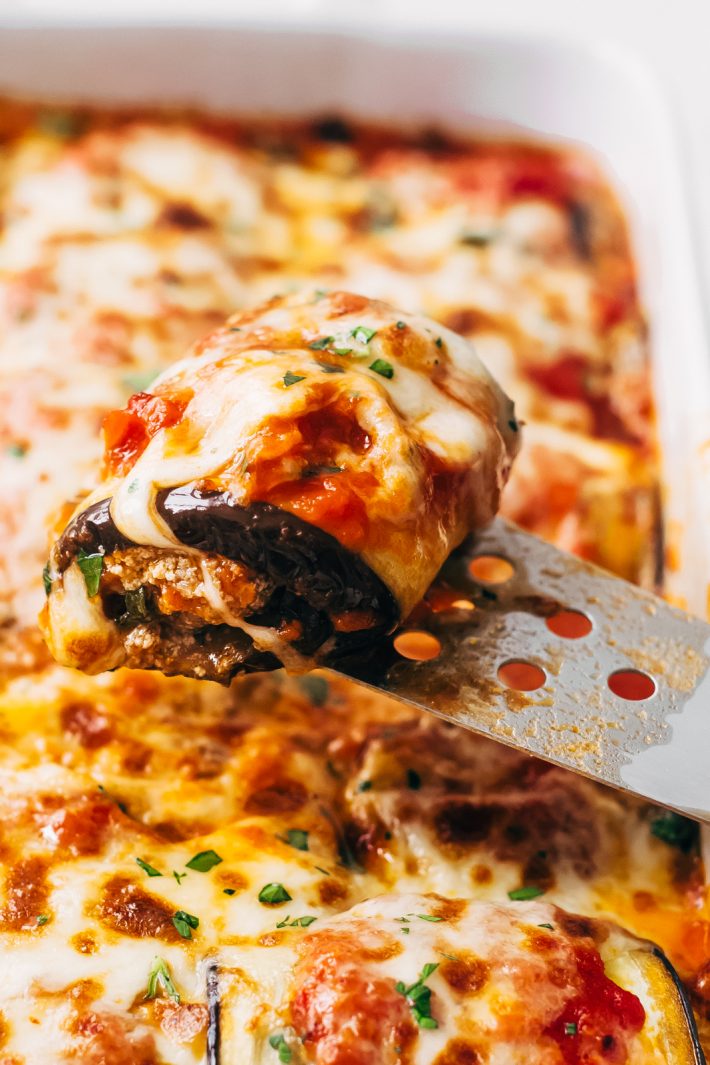 Close up of Low Carb Eggplant Lasagna Roll Ups