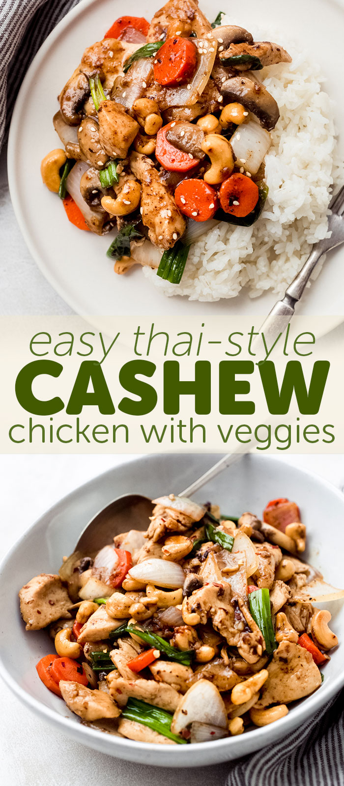 Easy Thai Cashew Chicken that takes just like your favorite Thai take out! Made with tender chicken, crisp veggies, and an addicting brown sauce! #stirfry #chickenstirfry #cashewchicken #thaicashewchicken #easychickenrecipes | Littlespicejar.com