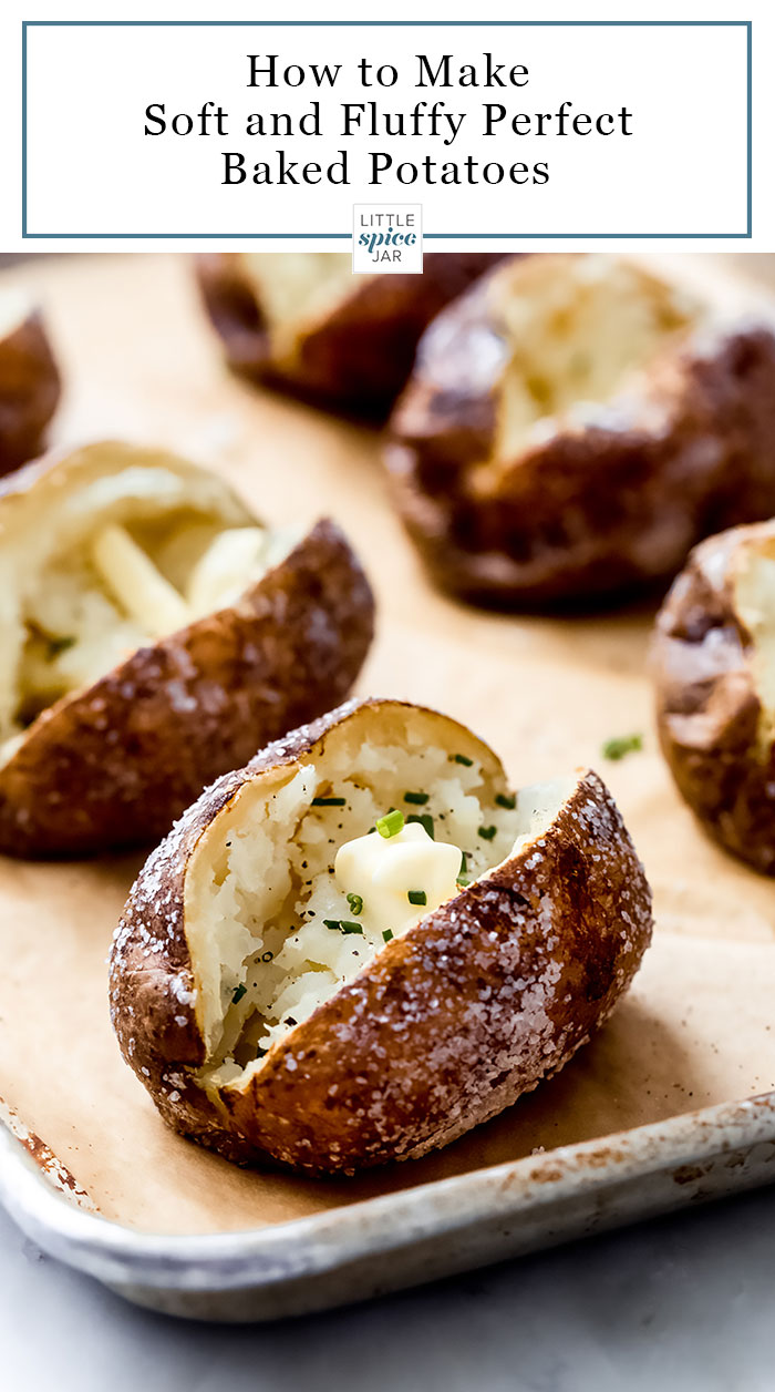 How to make Perfect Baked Potatoes - the secret to baking crispy and fluffy baked potatoes is the lower and slower baking temperature and time! #bakedpotatoes #perfectbakedpotatoes #jacketpotatoes #perfectjacketpotatoes #potatorecipes | Littlespicejar.com