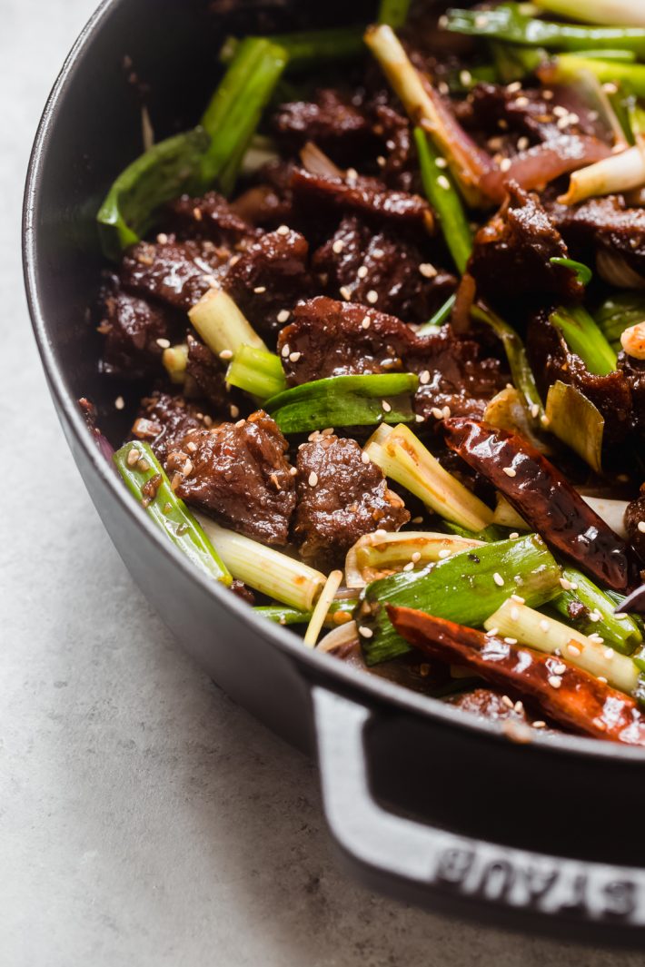 Prepared Mongolian Beef in a hot pan
