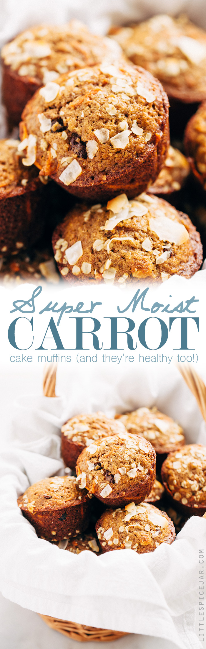 Super Moist and Healthy Carrot Cake Muffins - Made with less sugar than traditional muffins and packed with greek yogurt and apple sauce so there isn't a dry crumb in sight! #carrotcake #carrotcakemuffins #muffins #healthy | Littlespicejar.com