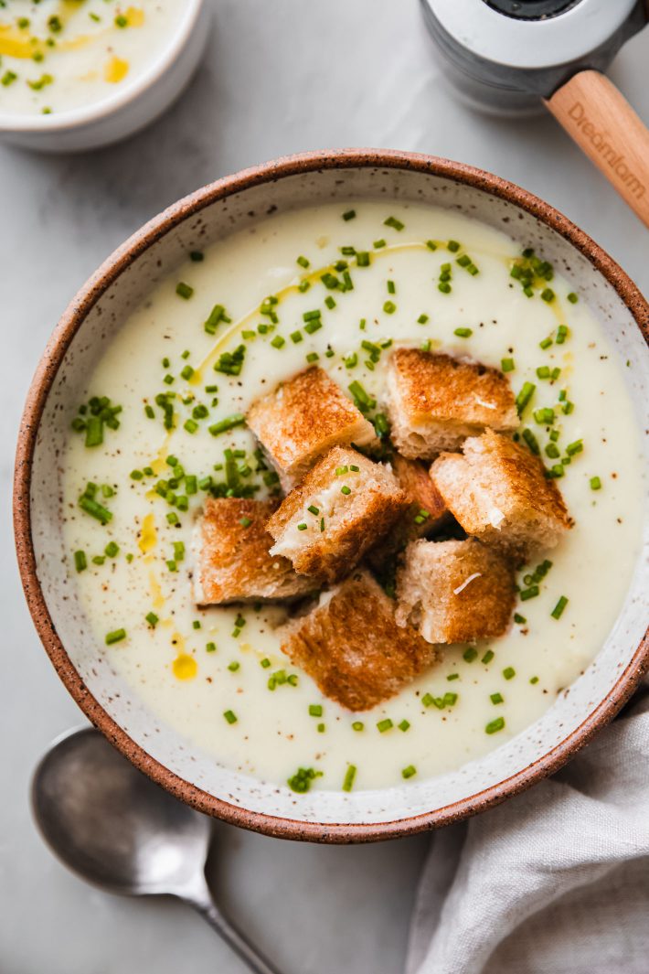 soup in bowl with grilled cheese croutons