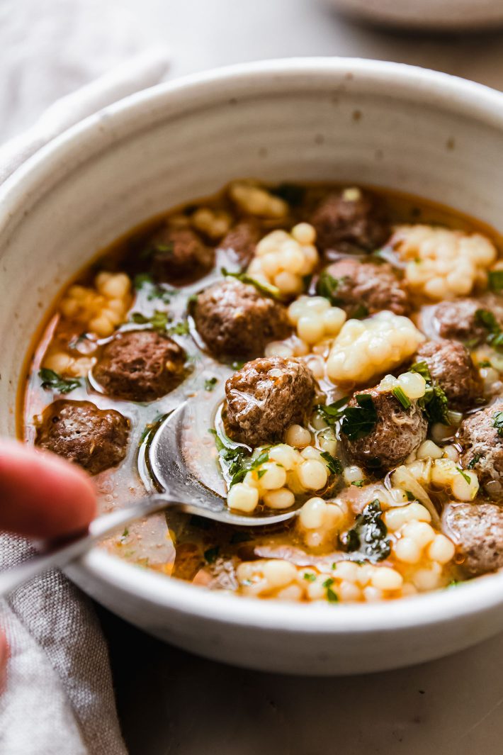 mini meatballs with couscous in soup