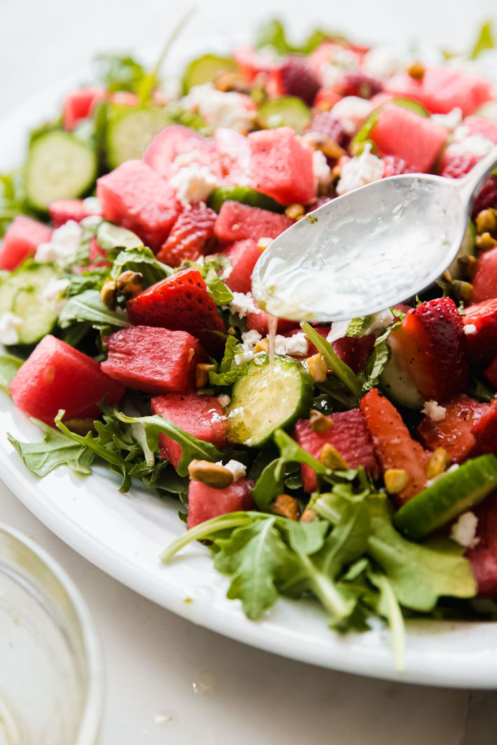 lime dressing drizzled on watermelon salad