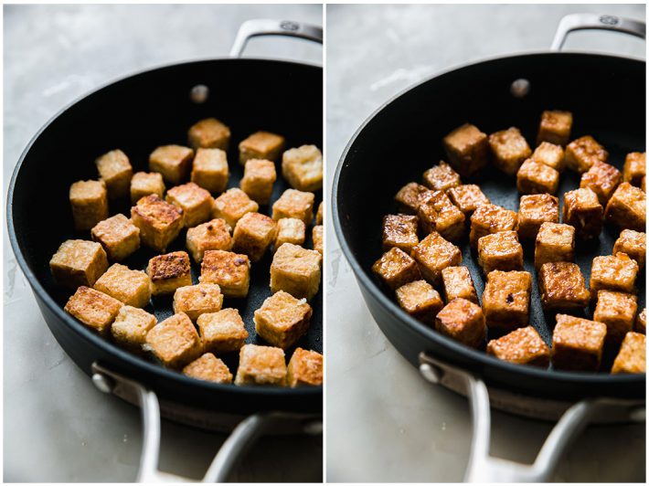 Pan-fried tofu in saute pan