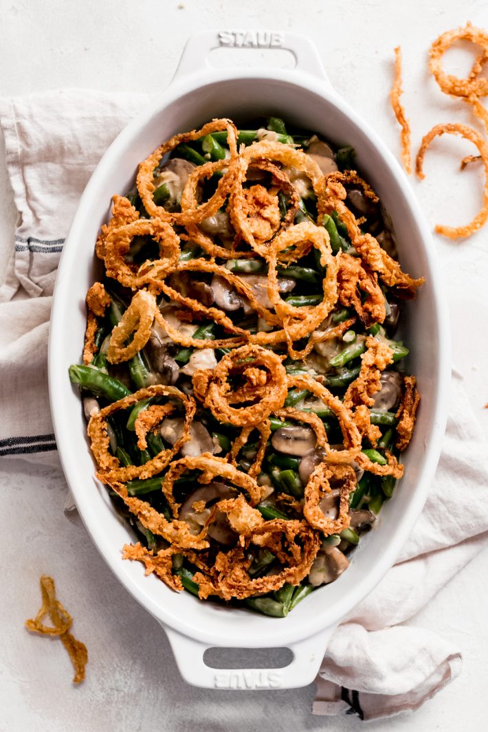 green bean casserole topped with shoe string onions