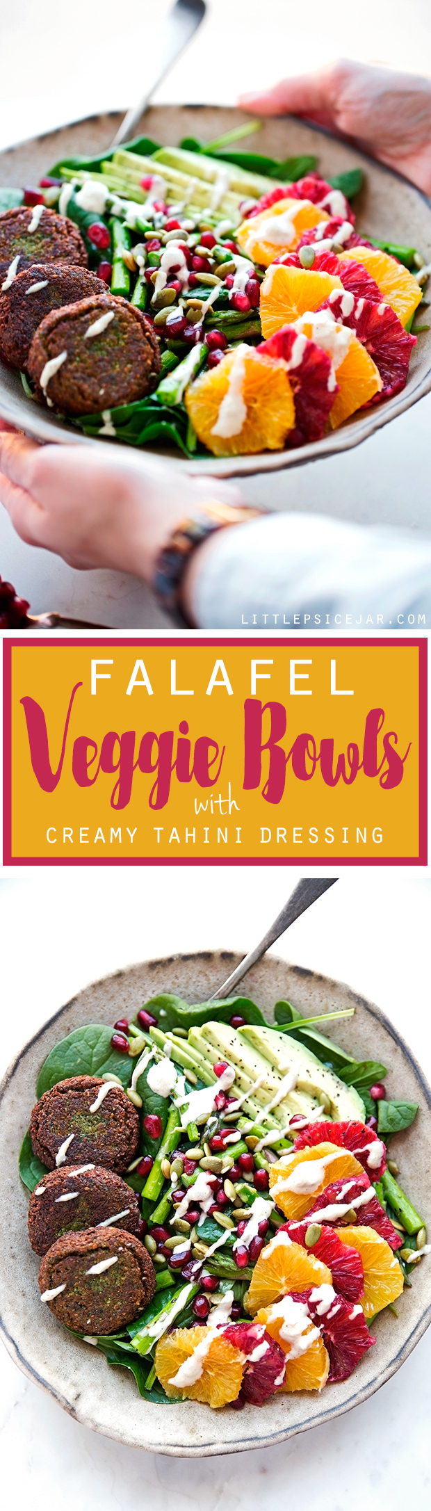 Falafel Veggie Bowls with Tahini Dressing - Superfood loaded salads with creamy tahini and homemade falafels! #tahinidressing #veggiebowls #falafel | Littlespicejar.com