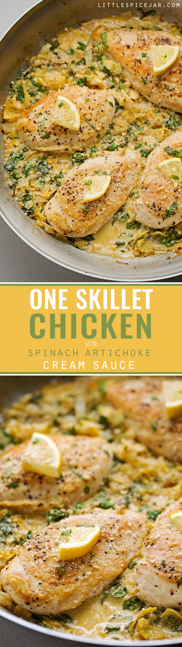 One Skillet Chicken topped with a Spinach Artichoke Cream Sauce - Ready in 30 minutes and perfect over a bed of angel hair pasta! #spinachchicken #skilletchicken #oneskilletchicken | Littlespicejar.com @littlespicejar