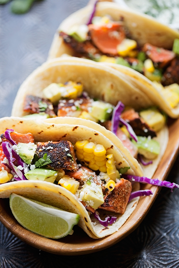 Blackened Salmon Tacos with Jalapeño Lime Crema - Easy Salmon tacos topped with your favorite taco toppings and my jalapeño lime crema! #fishtacos #blackenedsalmontacos #salmontacos #blackedfishtacos | Littlespicejar.com