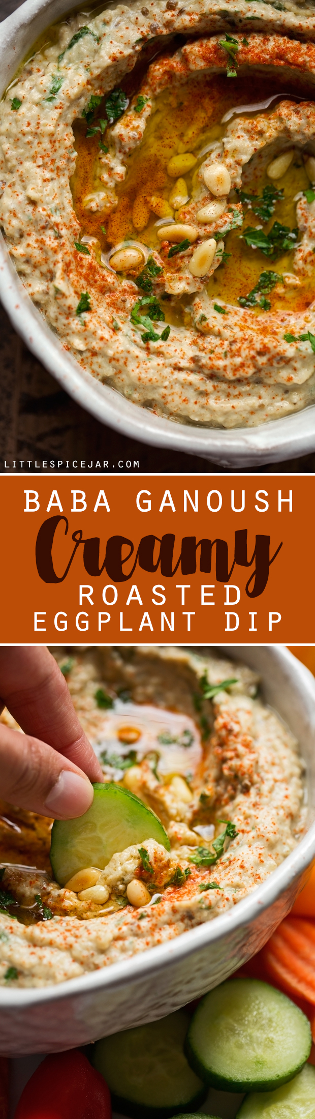 Homemade Baba Ganoush - simple ingredients and so much flavor! Tastes just like your favorite restaurants - and light on the calories too! #babaganoush #eggplantdip #roastedeggplantdip | Littlespicejar.com