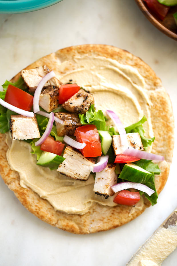 Hummus Chicken Shawarma Wraps - made with homemade shawarma seasoning and it's simple to make a wrap or a salad! #shawarma #chickenshawarma #chickenshawarmawrap #shawarmawrap | Littlespicejar.com
