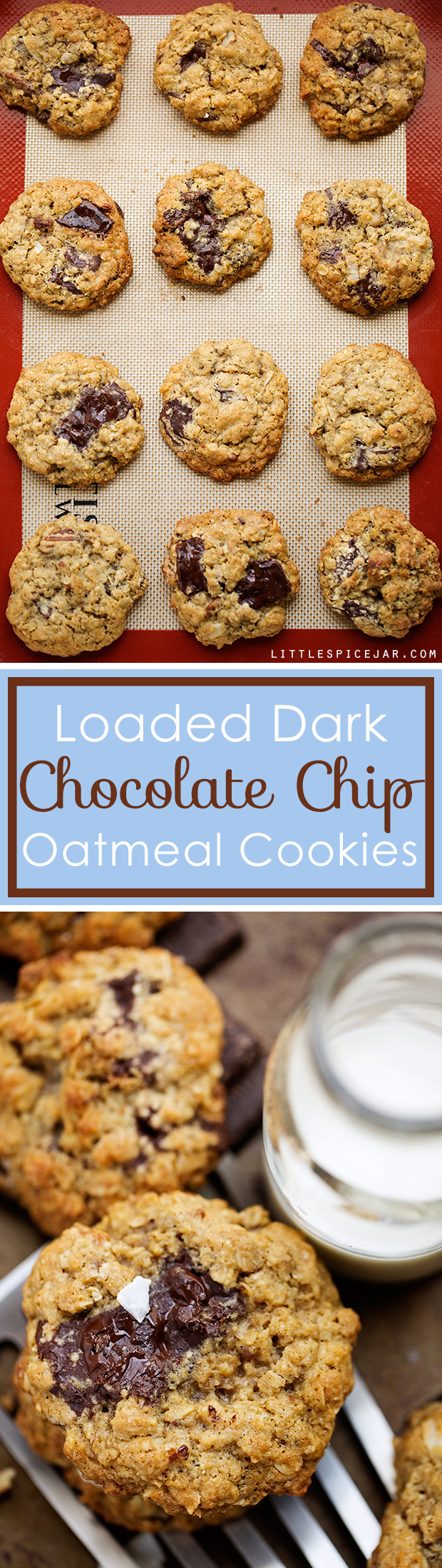 Loaded Dark Chocolate Chip Oatmeal Cookies - Soft, chewy and bursting with melted chocolate and flakes of sea salt. These cookie and sinfully delicious! #oatmealcookies #chocolatechunkcookies #chocolatechipcookies #cookies | Littlespicejar.com