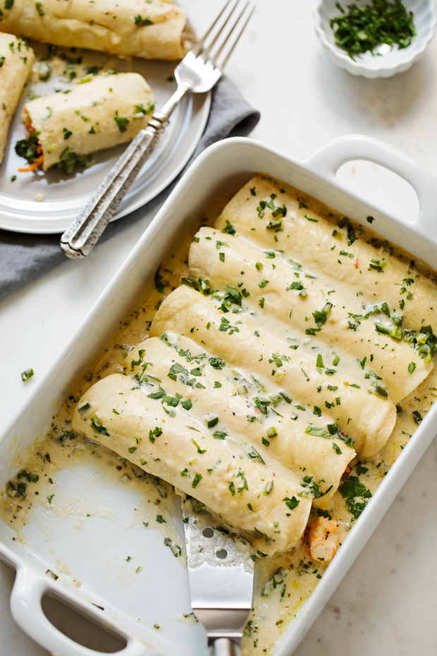 enchiladas in dish and on plate