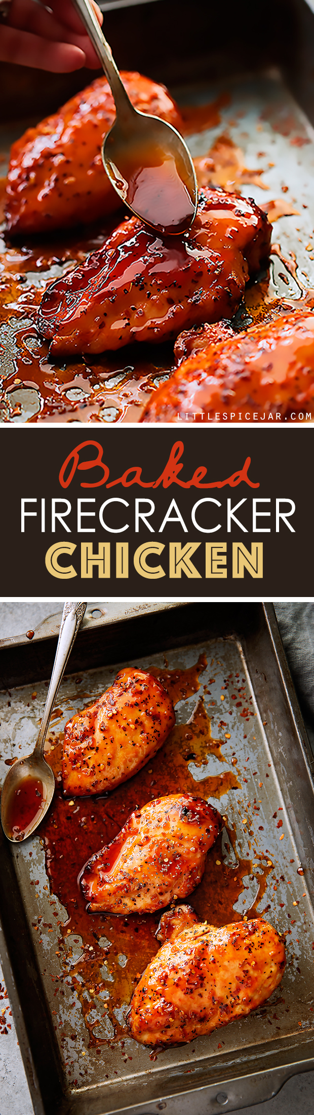 Baked Firecracker Chicken - A quick and easy weeknight dinner recipe! Learn how to make my dynamite firecracker sauce. Serve with rice! #bakedchicken #chicken #dinner #firecrackerchicken #firecrackersauce | Littlespicejar.com