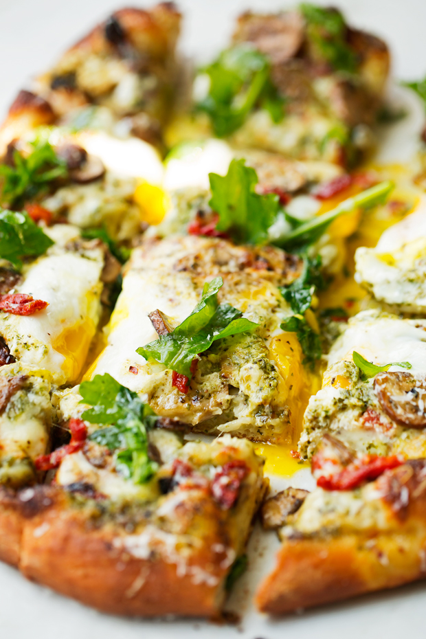 Breakfast Pizza with Basil Pesto and Sun-Dried Tomatoes