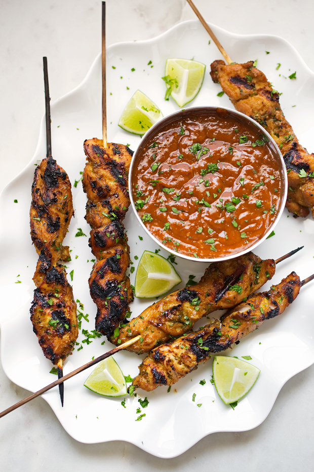 Thai Chicken Satay with Peanut Dipping Sauce - an easy appetizer or a main meal! Serve it with my peanut dipping sauce and everyone is going to love this CHICKEN ON A STICK! #chickensatay #peanutdippingsauce #thaichicken #thaifood | Littlespicejar.com