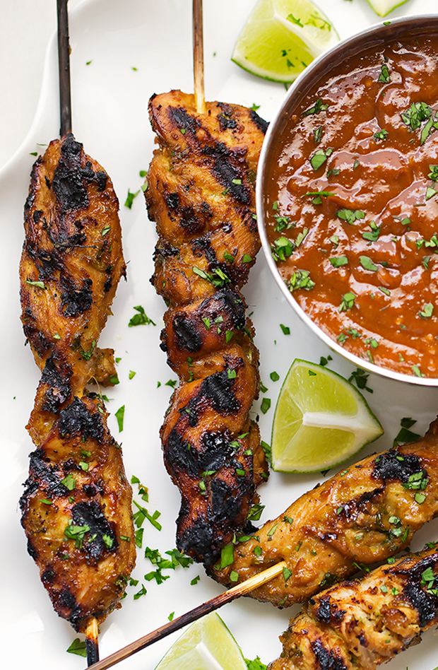 Thai Chicken Satay with Peanut Dipping Sauce - an easy appetizer or a main meal! Serve it with my peanut dipping sauce and everyone is going to love this CHICKEN ON A STICK! #chickensatay #peanutdippingsauce #thaichicken #thaifood | Littlespicejar.com