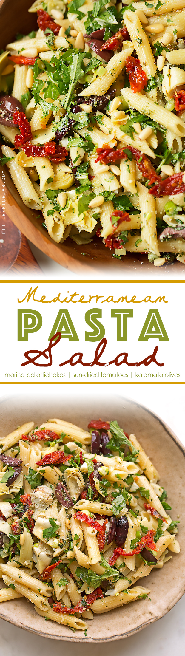 Mediterranean Pasta Salad - This Cafe Express inspired pasta salad is loaded with marinated artichoke hearts, sun-dried tomatoes, kalamata olives, and so much more! #pastasalad #italianpastasalad #mediterraneanpastasalad | Littlespicejar.com