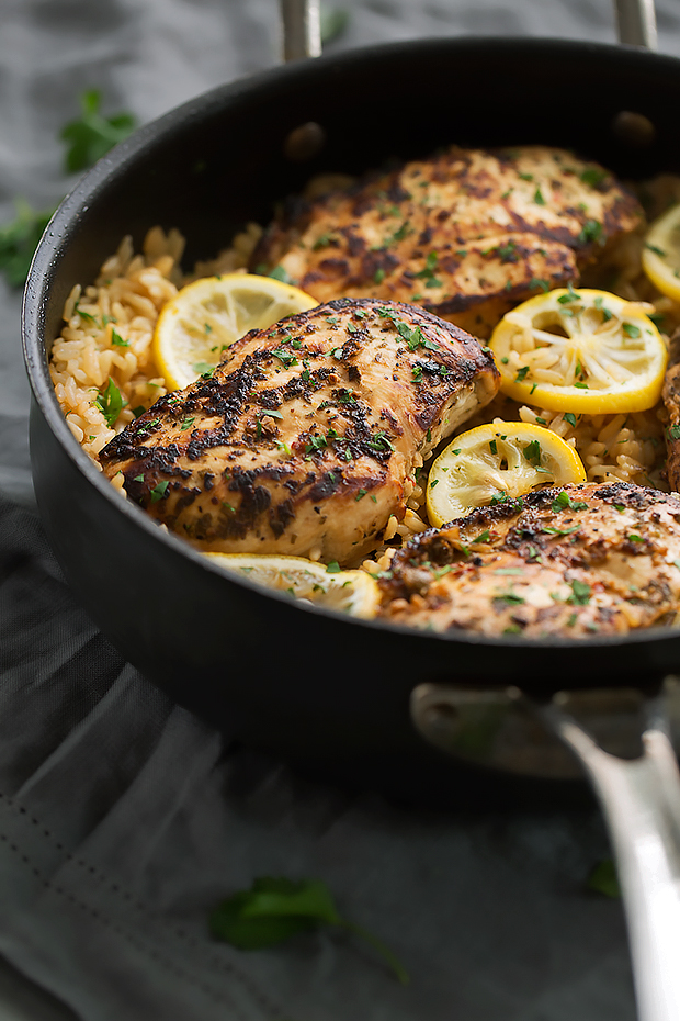 One Pot Greek Chicken and Rice Pilaf - a simple one pot dinner that's ready in 45 minutes and tastes lemon/herby fresh! #ricepilaf #onepotmeals #onepanmeals #skilletchicken #chickendinner | Littlespicejar.com