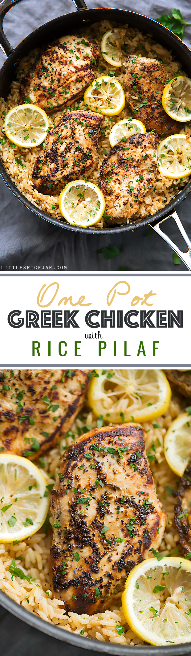One Pot Greek Chicken and Rice Pilaf - a simple one pot dinner that's ready in 45 minutes and taste lemon / herby fresh! #ricepilaf #onepotmeals #onepanmeals #skilletchicken #chickendinner | Littlespicejar.com's ready in 45 minutes and tastes lemon/herby fresh! #ricepilaf #onepotmeals #onepanmeals #skilletchicken #chickendinner | Littlespicejar.com