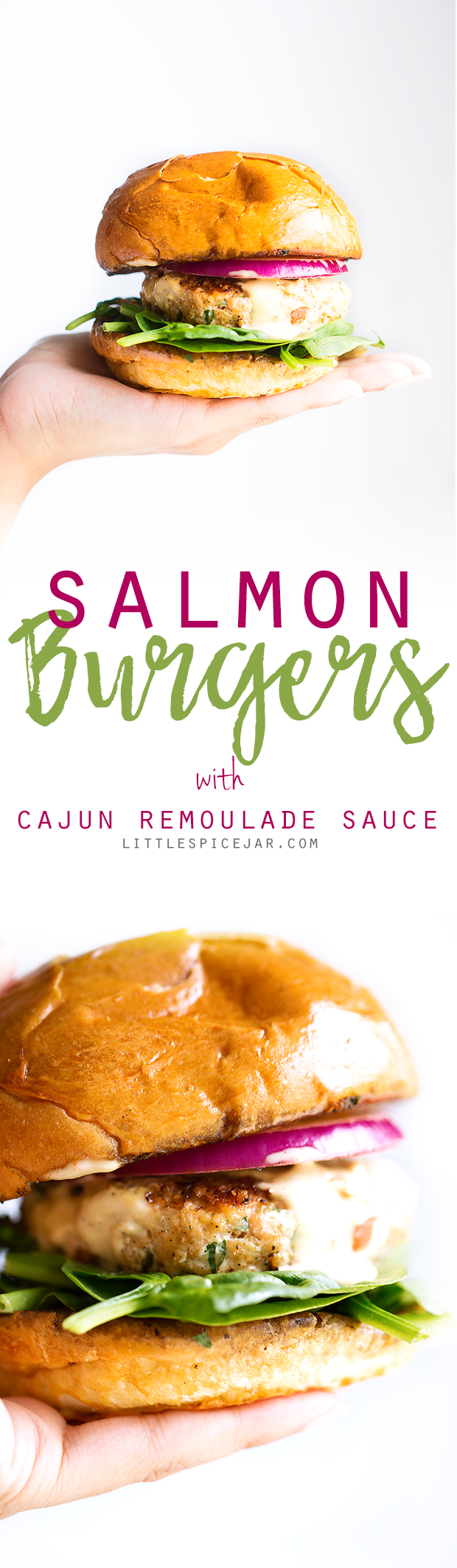Salmon Burgers with Cajun Remoulade Sauce - A simple salmon burger that tastes gourmet! Topped with homemade remoulade sauce! #salmonburger #remouladesauce #salmoncakes #salmonpatties | Littlespicejar.com