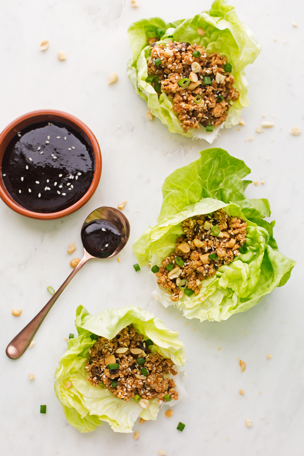 Easy Chicken Lettuce Wraps - Only 100 simple calories in this flavor loaded chicken lettuce wraps that are full of protein and perfect for light and healthy lunches and dinners! #chickenlettucewraps #asianchickenlettucewraps #lettucewraps | Littlespicejar.com