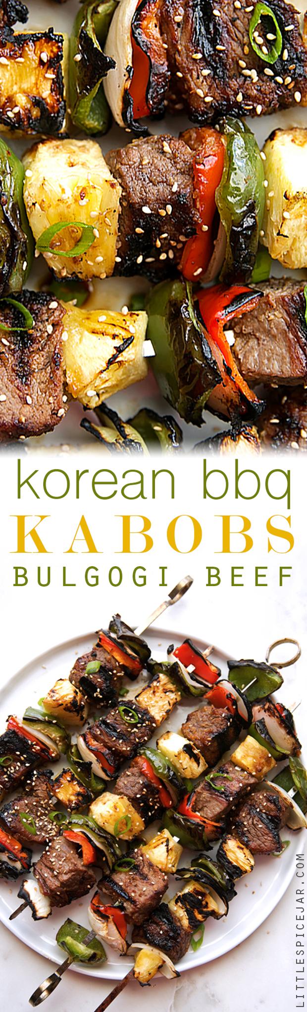 Korean Beef Kabobs (Bulgogi) An easy recipe to make when entertaining or for summertime grilling! Just marinade the meat and make the skewers! So EASY and SOOOOO delicious! #bulgogi #bulgogibeef #koreanbbq #koreanbeef #kabobs | Littlespicejar.com