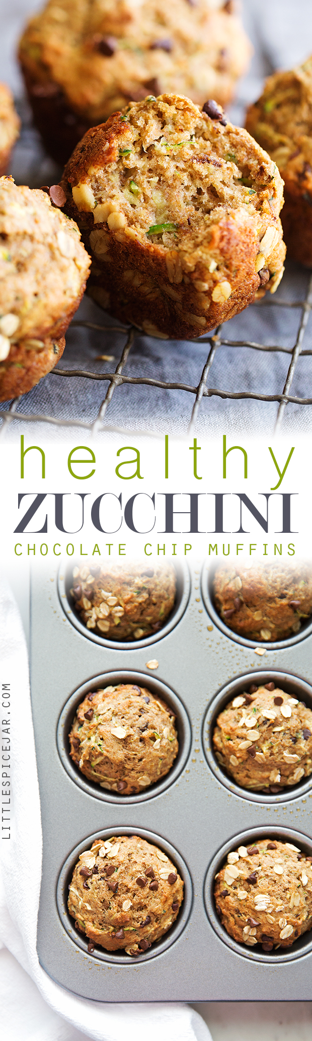 Healthy Zucchini Muffins with Chocolate Chips - These muffins are 175 calories each and loaded with zucchini and chocolate chips. So yummy! #zucchinimuffins #chocolatechipmuffins #healthymuffins #mealprep | Littlespicejar.com
