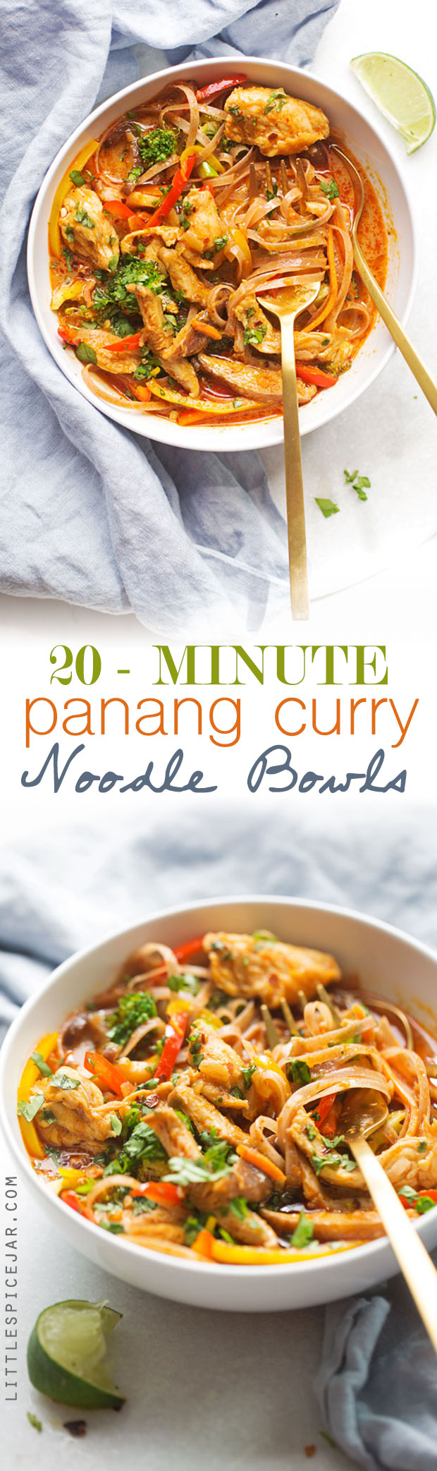 20 Minute Panang Curry Noodle Bowls - A quick, easy, and healthyish recipe for curry noodles topped with your favorite veggies. Comfort in a bowl! #curry #currynoodlebowls #noodlebowls #panangcurry | Littlespicejar.com