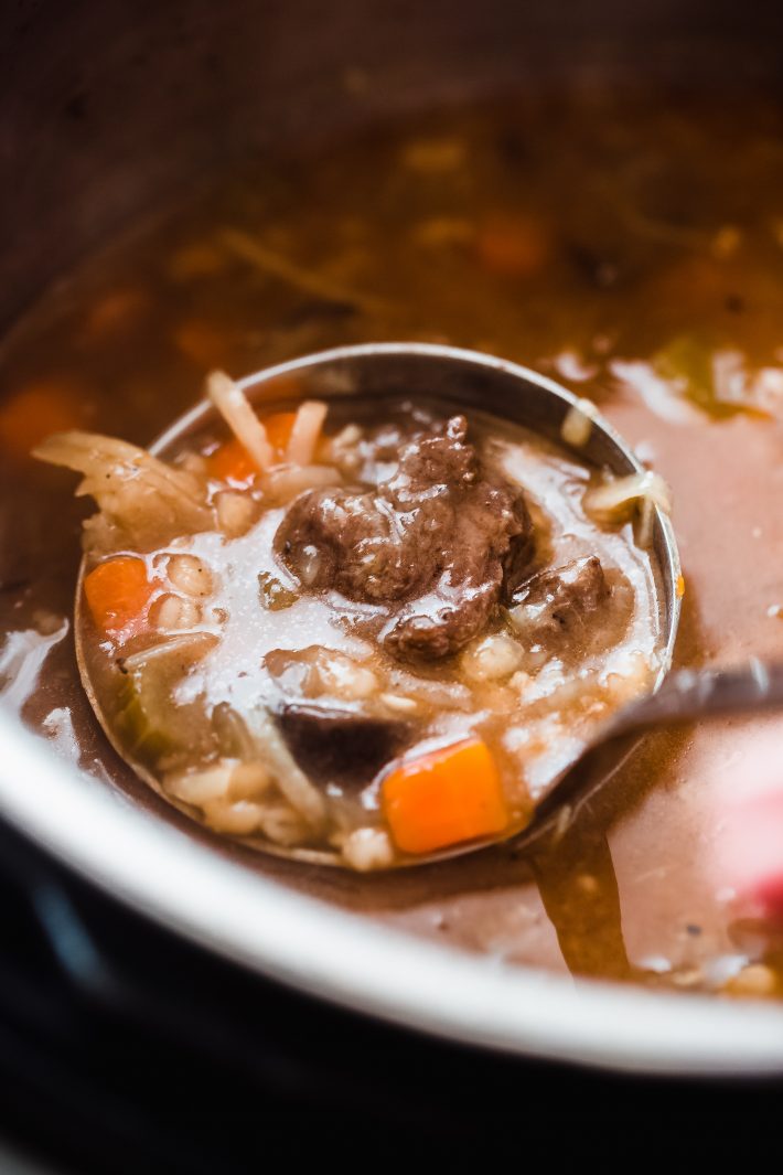 ladleful of beef barley soup from instant pot